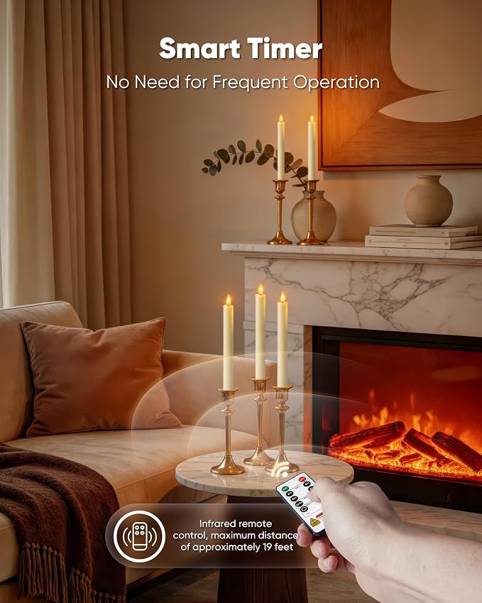 Homemory 24 Pcs Waxy Flameless Taper Candles with Remote, Flickering Battery Operated Taper Candles, Led Flameless Candlesticks Classic Tall Candle for Home, Wedding, Party, Ivory, 9.6 inches