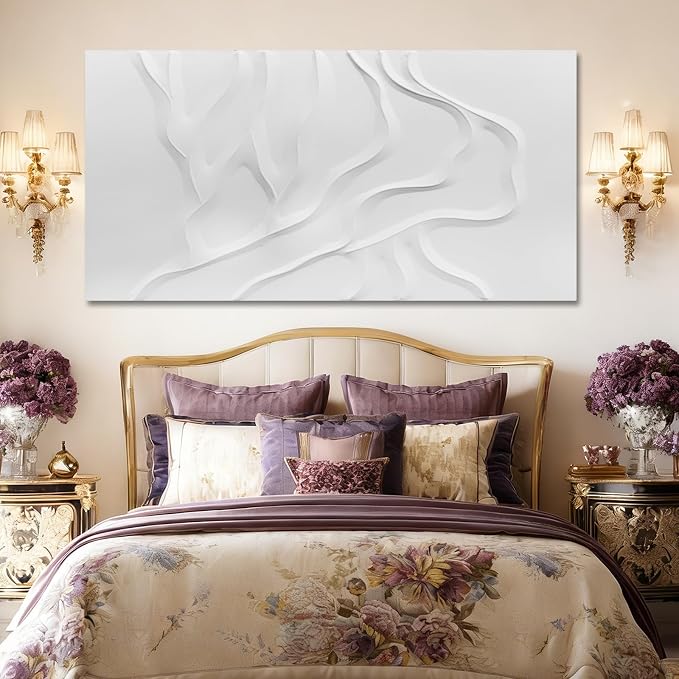 Large White Abstract Wall Art, Hand Painted Textured Canvas with Organic Sculptural Relief, Oversized Modern Statement Wall Decor for Living Room or Bedroom, Gallery Wrapped and Ready to Hang, 29×58 Inch