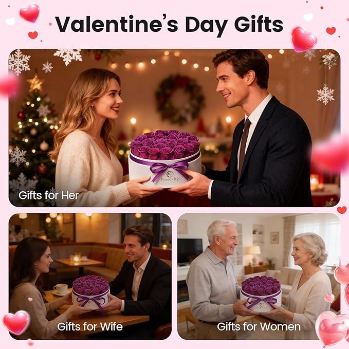 Valentines Day Flowers Roses Gifts for Her,28pcs Purple Forever Preserved Roses in Round Gift Box,Valentines Day Delivery Prime Gifts-Roses Gifts for Women,Mom.