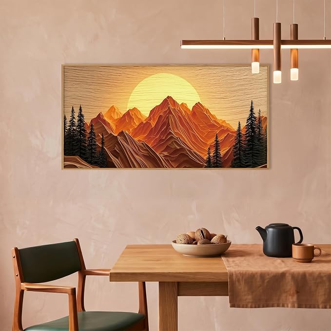 Large Boho Golden Mountain Framed Canvas Wall Art Set, Abstract Ridge Sunset Landscape Wall Decor, Natural Wooden Pine Tree Scenery Artwork for Living Room,Bedroom,Office-20 x40
