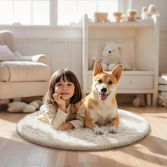 Ophanie Round Rug 3Ft Ivory Circle Area Rugs, Fluffy Fuzzy Small Bedroom Carpet 3 Foot, Plush Shag Floor Cream Living Room Circular Aesthetic Decor for Kids Teen Boys Baby Girls, Nursery,Classroom