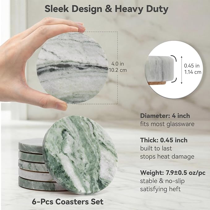 Sage Green Marble Coasters Set of 6, Elegant Green & White Coasters for Coffee Table, 4" Round Polished Soft Green Stone Coaster with Cloudy Veins – Heat Resistant, Non-Slip, Housewarming Gift
