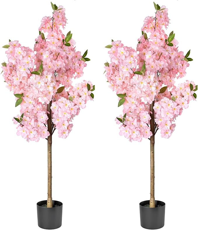 Set of 2 Artificial Cherry Blossom Trees 4FT, Faux Pink Sakura Blossom Flower Tree with Secure Heat-Fused Petals & Base, Realistic Potted Fake Plants for Home Office Wedding Indoor Decor
