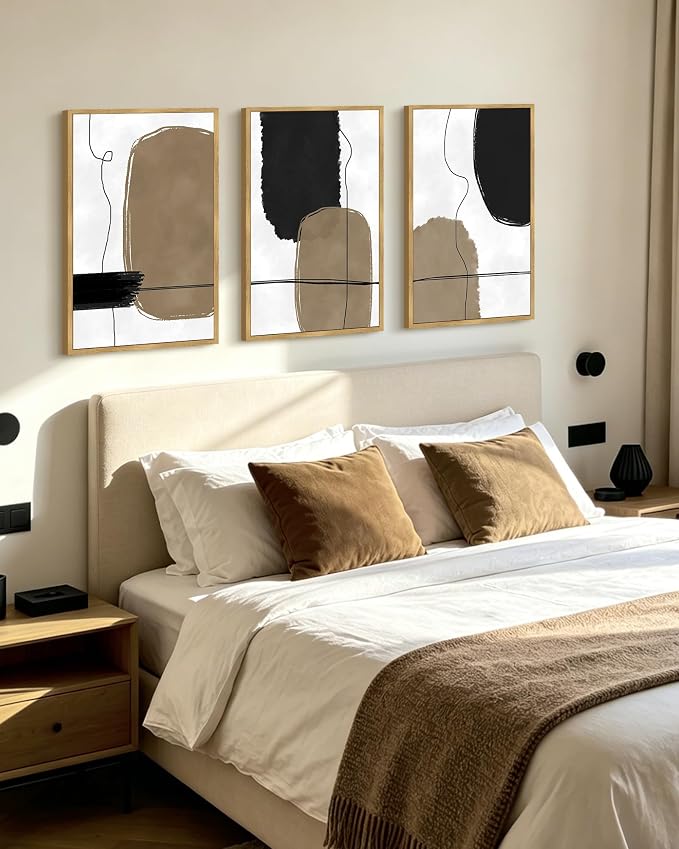PHOPAGO Abstract Framed Wall Art Large 16x24in Neutral Beige Mid Century Textured Artwork Black Minimalist Line Modern Illustrations Prints Home Decor - Natural Framed