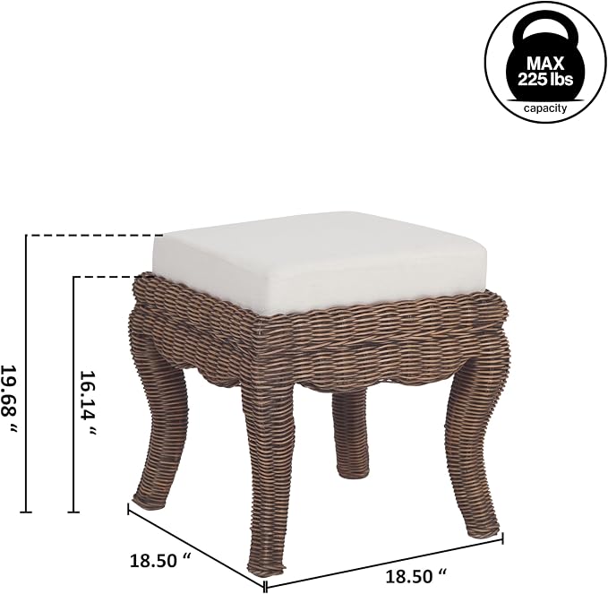 JONATHAN Y Rowan Woven Rattan Vanity Stool with White Cushion, 18.5" Coastal Backless Makeup Chair for Bedroom & Bathroom, Black Wash Mango Wood Wicker Ottoman Footrest VSL1000B