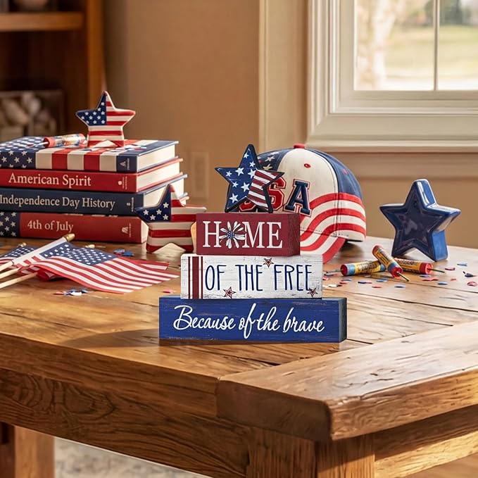 Smile 4 Pcs Veterans Day Patriotic Memorial Day Indoor Wooden Decor, Home of Free Tiered Tray Farmhouse Table Decoration for Home and Office