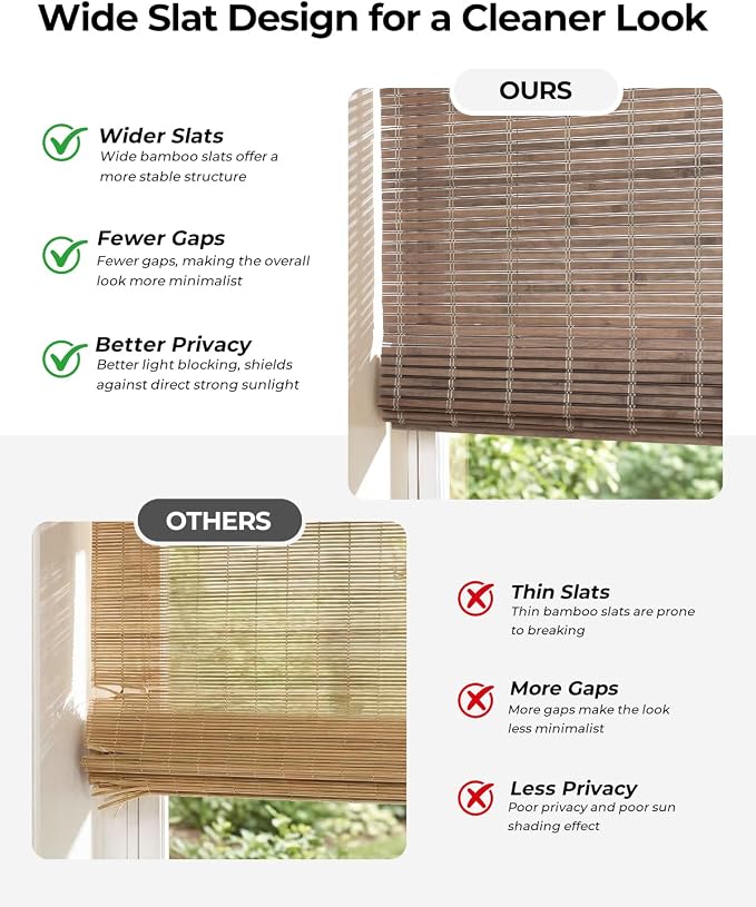UNISHADES No Drill Cordless Bamboo Roman Shades, 34.5×64 in, Driftwood | Natural material, Light Filtering, Easy Install