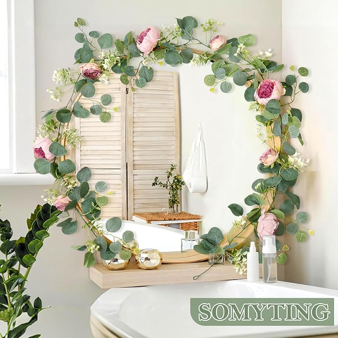 SOMYTING 2 Pack 13FT Flower Garland, Artificial Rose Vine Fake Flower Garland Silk Rose Peony Vines Faux Valentine Floral Garlands for Wedding Party Arch Table Backdrop Wall Decoration (Vintage Pink)