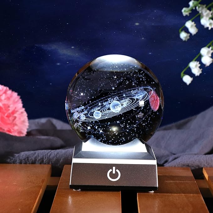 Ornalrist 3.15" K9 Crystal 3D Solar System Ball with Silver LED Colorful Lighting Touch Base, Engraving Solar System Star Planet Model, Science Universe Astronomy Gifts for Astronomy Lovers
