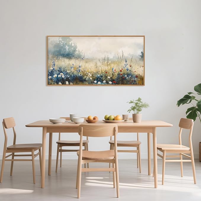 Nature Wildflower Framed Canvas Wall Art Set, Pastoral Landscape Wall Decor, Colorful Meadow Wall Painting, Rustic Floral Art Print for Living Room, Bedroom, Office-20 X40