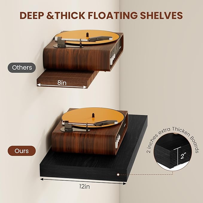 Vivelove 2" Thick Floating Shelves for Wall 30 Inches Long, 12" Deep Wall Shelves, for Bedroom, Bathroom, Living Room, Kitchen, Office, Modern Home Decor, 30" X 12" X 2", Set of 2, Black