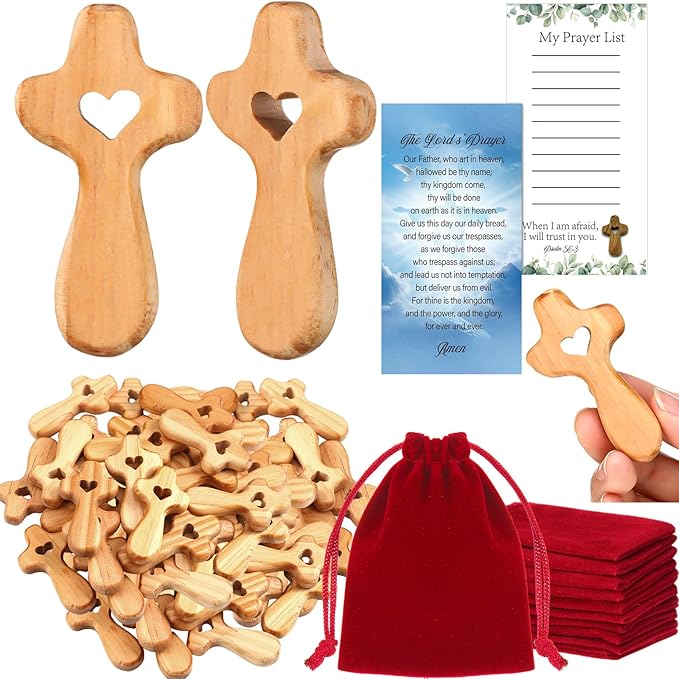 Bucherry 100 Set Olive Wood Cross My Heart Small Pocket Crosses with Bags and Prayer Cards Jesus Christian Holding Hand Crosses Bulk for Christmas Baptism First Communion Gift (Wood,2.36 Inches)