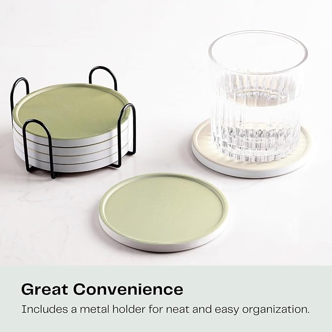 Set of 6 Beige and Green Coasters with Holder, Absorbent Ceramic Drink Coasters with Cork Backing for Table Protection, Table Decor, Housewarming Gifts