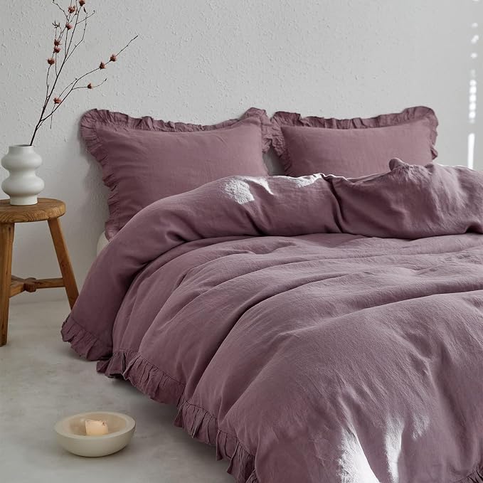 Simple&Opulence 100% Linen Duvet Cover Set, 3 PCS Natural French Flax Purple Ruffle Duvet Cover King Size, Breathable Comfy Linen Bedding Comforter Cover with 2 Pillowcases (Purple, 104" X 92")