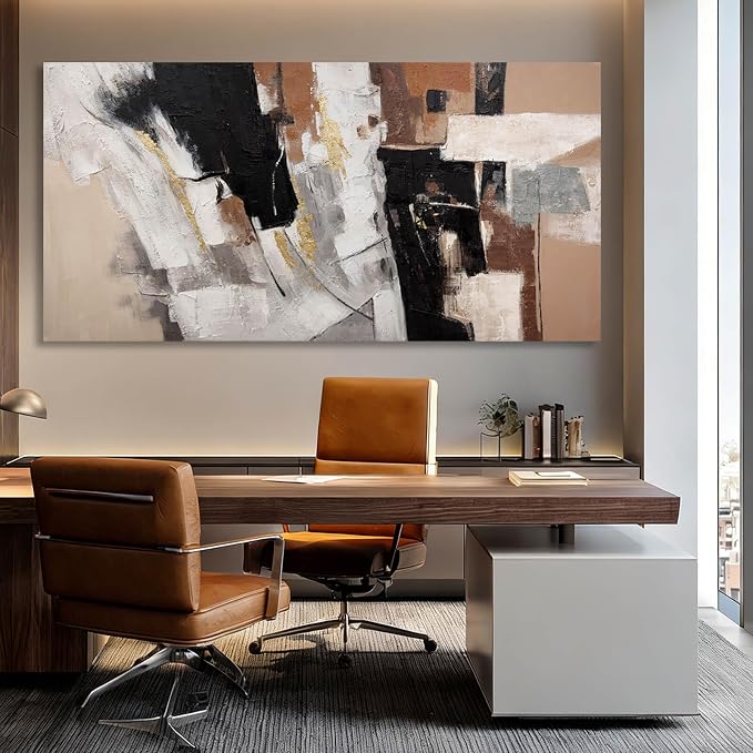 MLART99 Large Abstract Canvas Wall Art Black White Gold and Brown Geometric Painting Textured Modern Artwork for Bedroom Living Room Home Decor 29x58 Inch