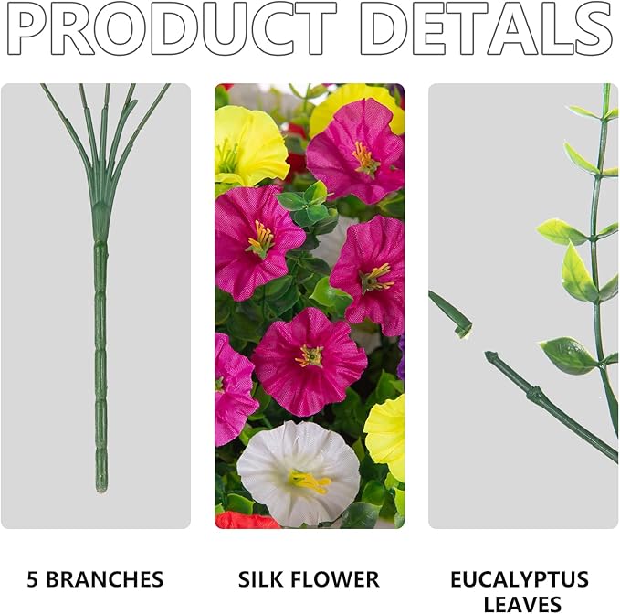 Fake Artificial Hanging Morning Glory Flowers for Outdoor Planters Porch Pation Decoration,8 Bundles UV Resistant Silk Faux Flowers with Realistic Eucalyptus Plants for Home Office Garden Decor