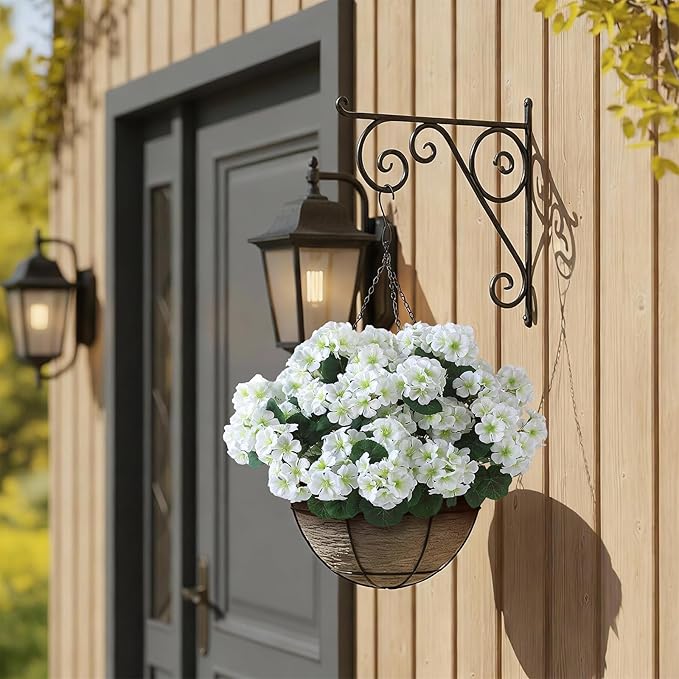 GLIDLION 24 Bundles Artificial Geranium Flowers for Spring Summer Decor, UV-Resistant Fake Plants Realistic Faux Silk Bouquets for Front Door Farmhouse Garden Porch Home Outdoor Decor (White)