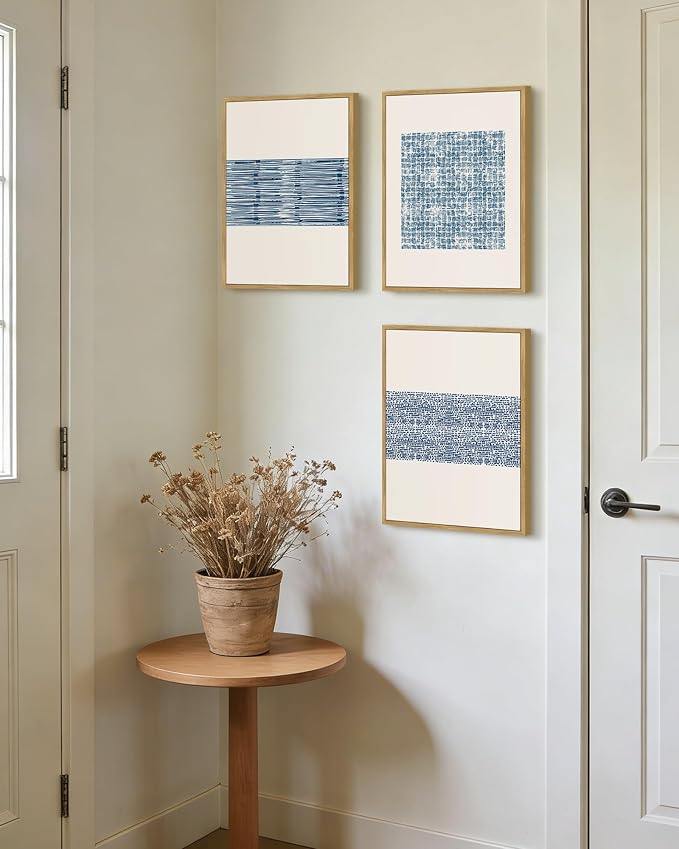PHOPAGO Blue Abstract Framed Wall Art Modern Boho Neutral Line Wall Decor Bohemain Minimalist Geometric Artwork Home Decor - 11x14in Natural Framed