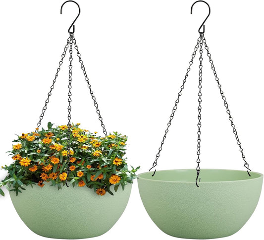 13 inch Large Hanging Planters Plant Pots for Outdoor Indoor Plants with Drainage Holes and Chain, 2 Pack Round Hanging Flower Pots for Garden Home Porch Decor, Green