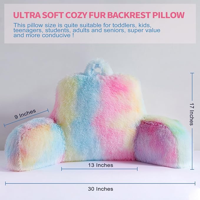 Faux Fur Backrest Pillow for Kids, Teen Reading Pillow with Arms, Fluffy Back Support Pillow for Sitting Up in Bed/Couch, Bed Wedge Pillow for Girls, Reading & Bed Rest Pillows (Pink)