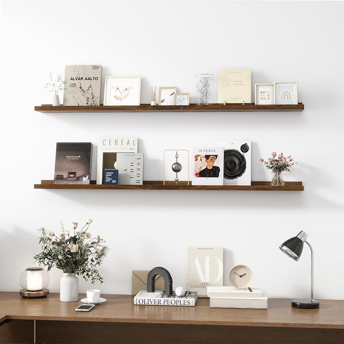 Acovy Picture Ledge Shelf, Wood, 56 inch, Walnut, Set of 2 | Long Floating Shelves, Wall Mounted, For Living Room Kids' Room Bedroom, Photo Ledge Nursery Book Shelves
