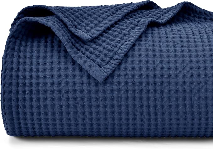 PHF Pre-Washed 100% Cotton Waffle Weave Blanket Twin Size for Bed,Snag Proof Throw Blanket for Couch Spring Summer Lightweight Breathable,Machine Washable, Home Decor Gift - Navy Blue/Bright Blue