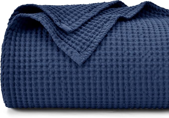 PHF Pre-Washed 100% Cotton Waffle Weave Blanket King Size for Bed,Snag Proof Throw Blanket for Couch Spring Summer Lightweight Breathable,Machine Washable, Home Decor Gift - Navy Blue/Bright Blue