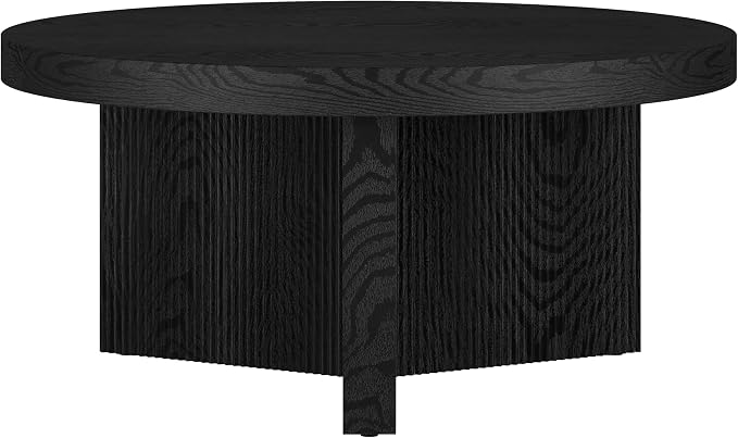 Henn&Hart 32" Fluted Round Low-Profile Coffee Table with Ribbed Pedestal Base for Living Room, Family Room, Office, or Apartment, Natural Black