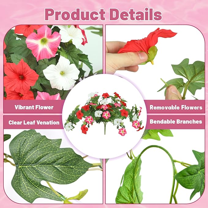 Artificial Flowers Hanging Baskets for Outdoors, 5PCS UV Resistant Faux Outdoor Plants, Fake Petunias Silk Flowers for Garden Balcony Yard Porch Decor (White Red Pink)