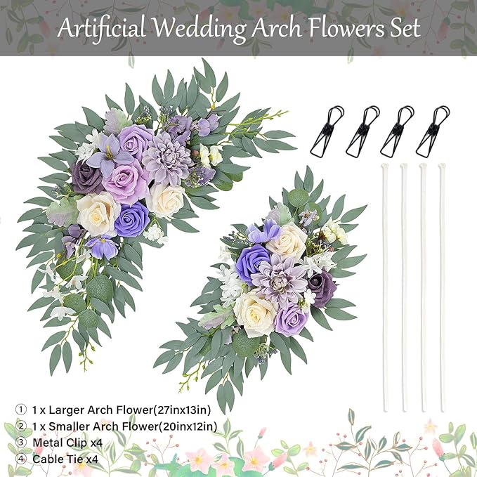 Purple Wedding Arch Flowers Set of 2, Artificial Arch Faux Flower for Centerpieces Party Home Decor, Ceremony Retirement, Birthday, Photo Backdrop Decor (Purple)