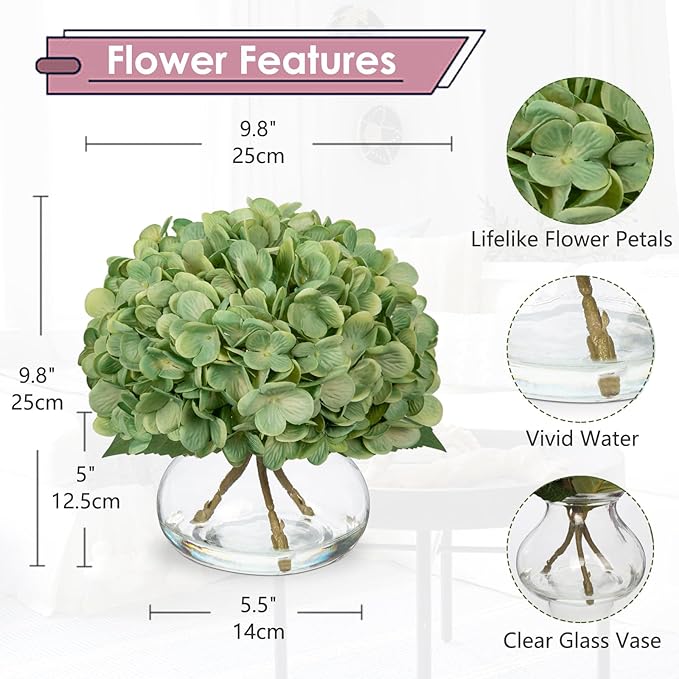 Hollyone Hydrangea Artificial Flowers with Glass Vase Dark Green Silk Faux Flowers Arrangements in Vase with Faux Water Fake Floral Bulk Bouquet for Home Decor Table Centerpiece Decorations