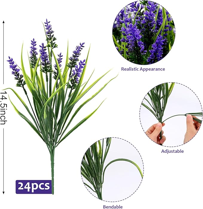 Geegoods Artificial Plants Flowers Outdoor – 24 Bundles UV Resistant Faux Lavender Flowers with Monkey Grass for Garden Porch Window Patio Hanging Planter Decor
