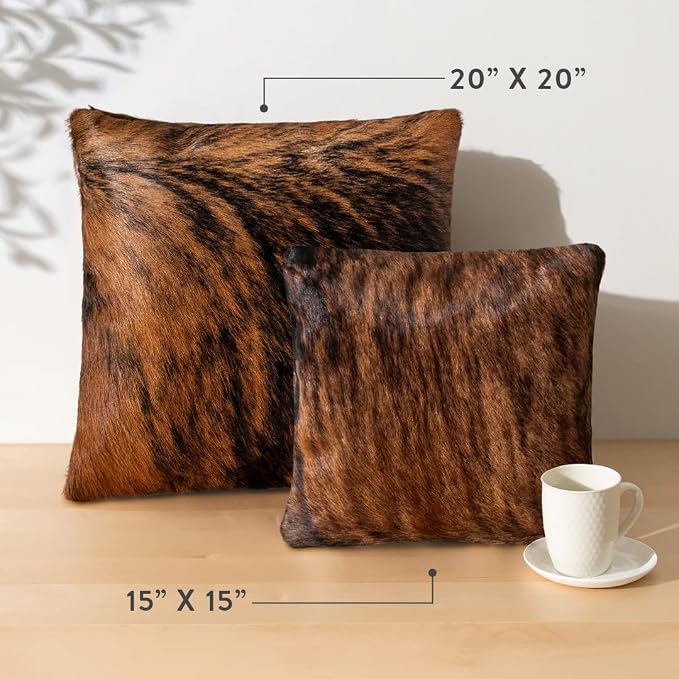 ecowhides 100% Genuine Brazilian Cowhide Pillow Cover – Brindle – Double-Sided – Luxury Leather Decorative Cushion for Rustic & Western Home Décor – 15” x 15”