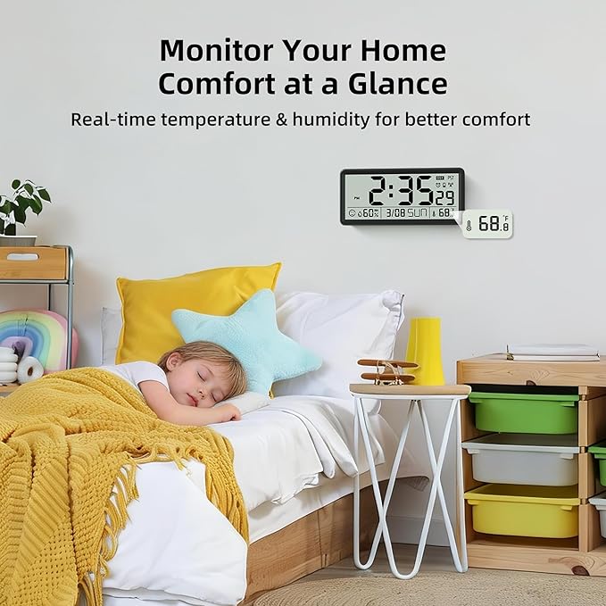 EASYERA 15'' Large Digital Wall Clock Battery Operated, Atomic Clock with Indoor Temperature and Humidity, Self-Setting with Auto DST, for Kitchen, Classroom, Living Room (Batteries Not Included)