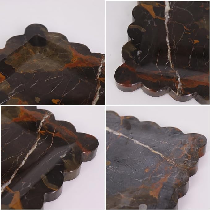 Square Marble Decorative Tray with Scalloped Edge, Luxury Natural Stone Bathroom Vanity Tray, Dresser Top Perfume Coffee Home Kitchen Sink Tray, Key Trinket Ring