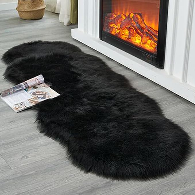 Faux Fur Sheepskin Runner Rug Black 2x6 ft Ultra Soft Shaggy Plush Fluffy Fuzzy Area Carpet Decorative Chair Cover Floor Mat for Bedroom Sofa Living Room Bedside