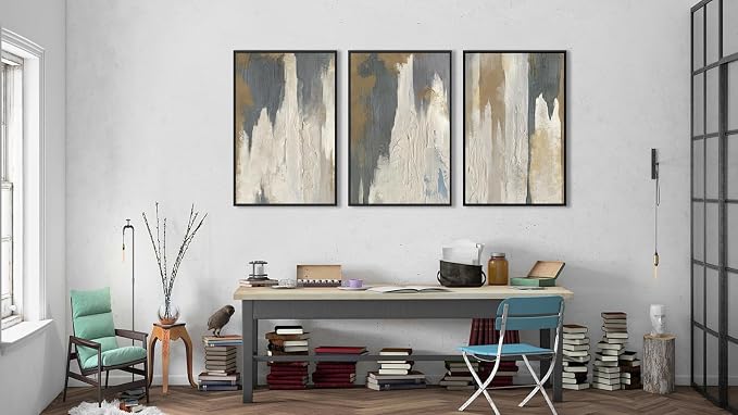 ASDCEUTICALS Large Canvas Wall Art - Gray Brown and Beige Abstract Pictures for Living Room Vintage Wall Decor Retro Artwork Black Float Framed Paintings for Bedroom Dinning Room 16" X 24" X 3 pcs