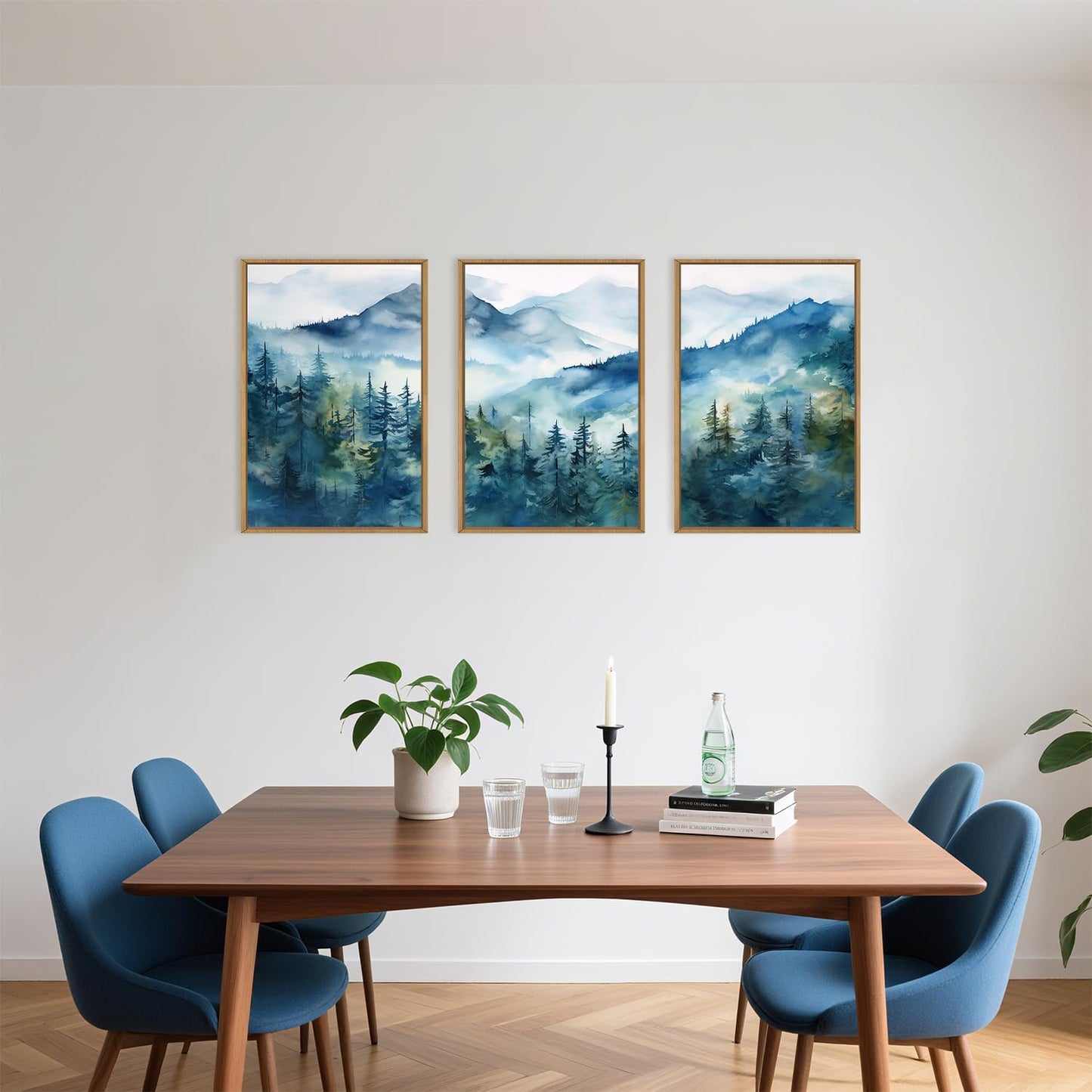 Celestdeco Blue Ridge Mountains Forest Framed Canvas Wall Art Set, Natural Landscape Wall Decor, Green Pine Trees Wall Painting, Woodland Artworks for Living Room, Bedroom, Dining Room - 24"x36"x3