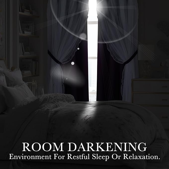 PONY DANCE Blackout Curtains for Living Room Decor Window Treatment Double Layer Drapes Ruffle Sheer Overlay,Moody Curtains, W 52 x L 84 Inches, Ombre-Purple, 2 Panels