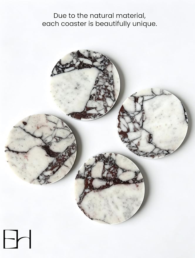 4" Round Calacatta Viola Marble Coasters Set of 4 for Coffee Table | Real Natural Stone Coasters, Non Slip Cork Backing, Modern Living Room and Office Desk Decor, Housewarming Gift
