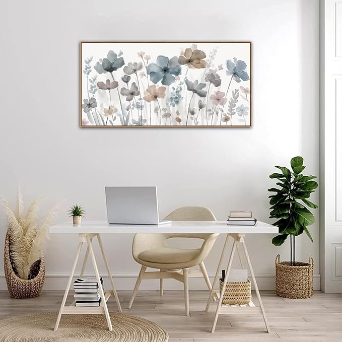 yearainn Framed Elegant Watercolor Floral Wall Art – Blue and Taupe Botanical Flowers Picture, Soft Abstract Floral Painting Artwork for Home Wall Decor, Ready to Hang, Natural Wood Frame, 24" x 48"