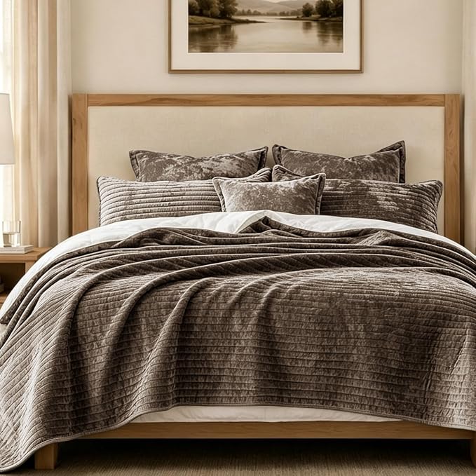 Luxury Velvet Oversized King 120x128 in Quilt Set 3 Piece Quilted Bedspread with 2Pillow Shams(20x36) Ultra Soft Coverlet All Season Bedding for Farmhouse Modern Bedroom Sofa,Brown