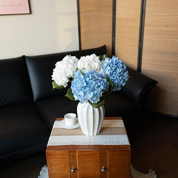 DUYONE 4PCS Artificial Flowers Large Hydrangeas Flowers Latex Bouquet for Wedding Bridal Office Home Party Decoration (2Pcs White+2Pcs Blue)