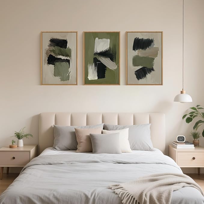 Green Abstract Framed Canvas Wall Art Set, Modern Brush Strokes Wall Decor,Neutral Tone Minimalist Green and Black Color Block Art Print for Living Room,Bedroom,Dining Room, Office-24 x36 x3