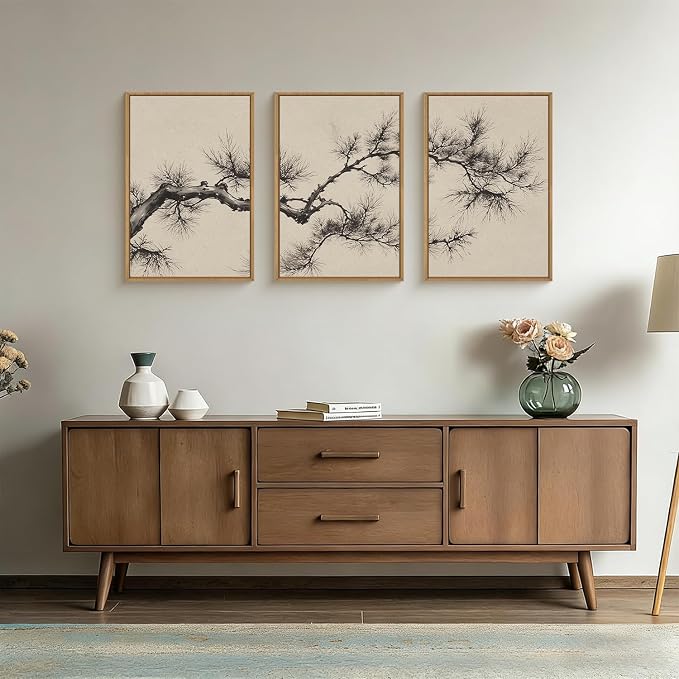 HPNIUB Vintage Beige Pine Tree Framed Canvas Wall Art Set 16''x24''x3 | Sketch Black Tree Branch Modern Minimalist Botanical Living Room Bedroom Office