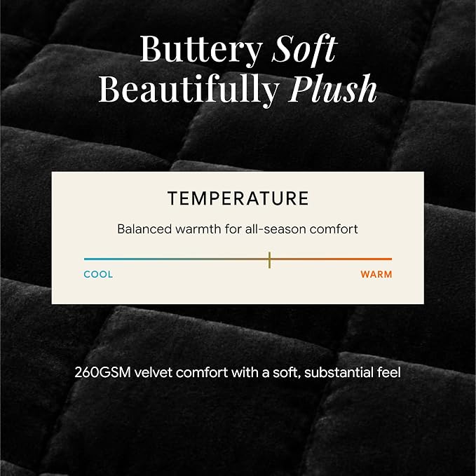 Tribeca Living Luxury Velvet Quilt King Size Set - 260GSM Ultra-Soft Oversized Velvet Bedspread Comforter Set with 2 Shams, in Florence Black