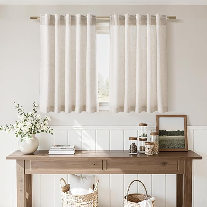 Nanspring Kitchen Curtains Linen 36 Inch Length Beige Farmhouse Small Cafe Curtains Semi Sheer Back Tab and Rod Pocket Drapes for Basement Short Window Curtain 26 x 36 Inch, 2 Panels
