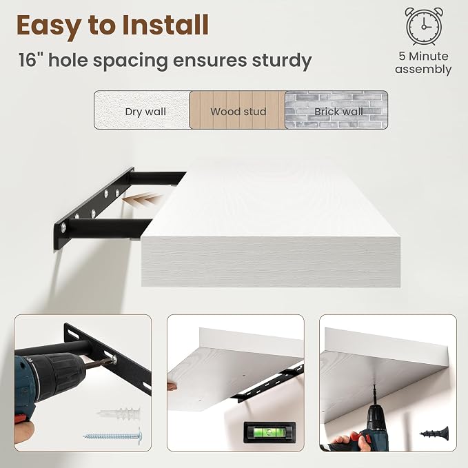 72 Inch Floating Shelves for Wall, 8 Inch Deep Floating Shelf for Storage & Display, Rustic Wall Mounted Shelf with Invisible Brackets for Living Room, Kitchen, Bathroom, Home Decor, Set of 2, White