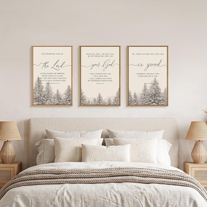 LHIUEM Bible Verses Framed Canvas Wall Art Set,Christian Scripture Religious Wall Decor,Vintage Easter Pine Tree Artwork for Living Room,Bedroom,Dining Room,Office -24"x36"x3