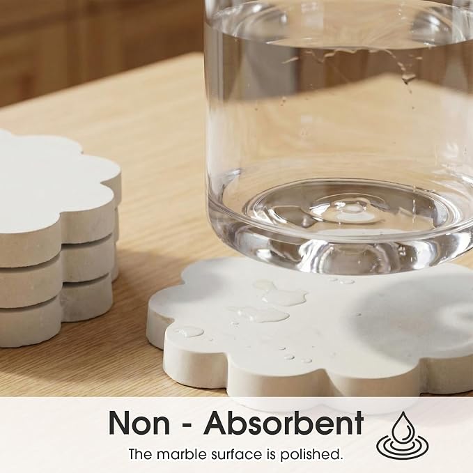 6 Piece Marble Coaster Set 4 x 4 Inch Natural Stone Coasters Scalloped Calacatta White Stone, Luxury Home Decoration, Drink Coasters for Coffee Table, Desk, Bar, Elegant Tabletop Accessories